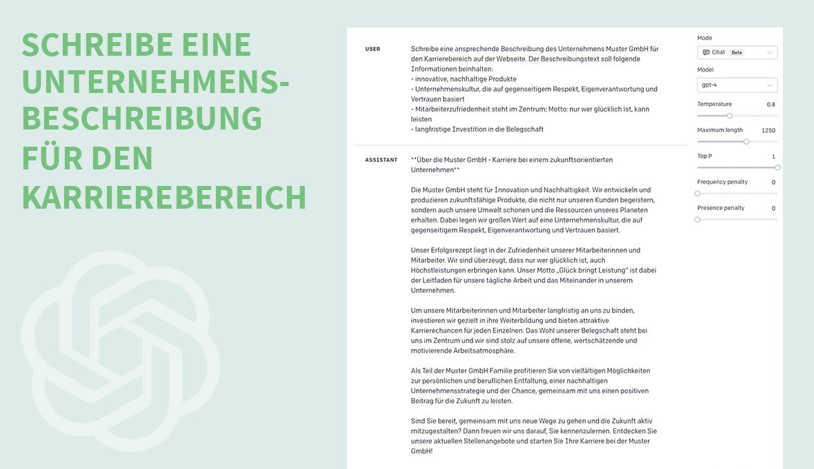ChatGPT schreibt eine Unternehmensbeschreibung für den Karrierebereich der Webseite