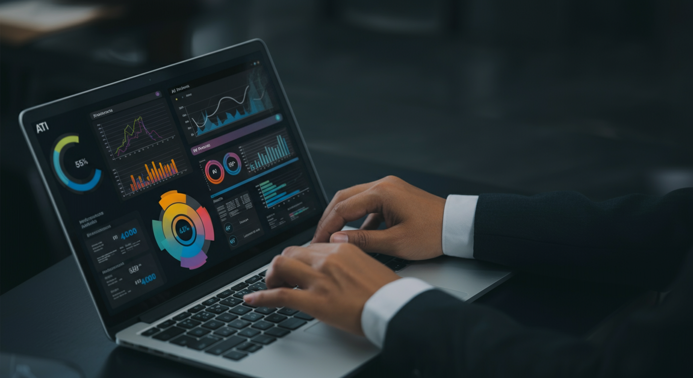 Hände tippen auf einem Laptop mit Dashboard aus Diagrammen und Kennzahlen