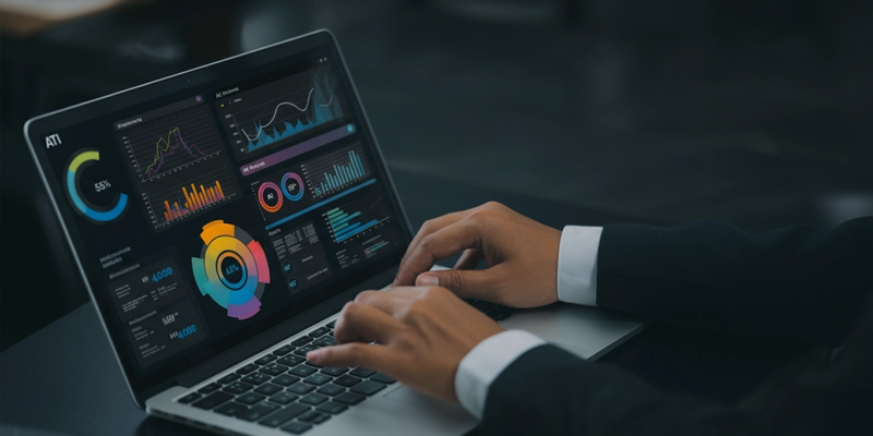 Hände tippen auf einem Laptop mit Dashboard aus Diagrammen und Kennzahlen