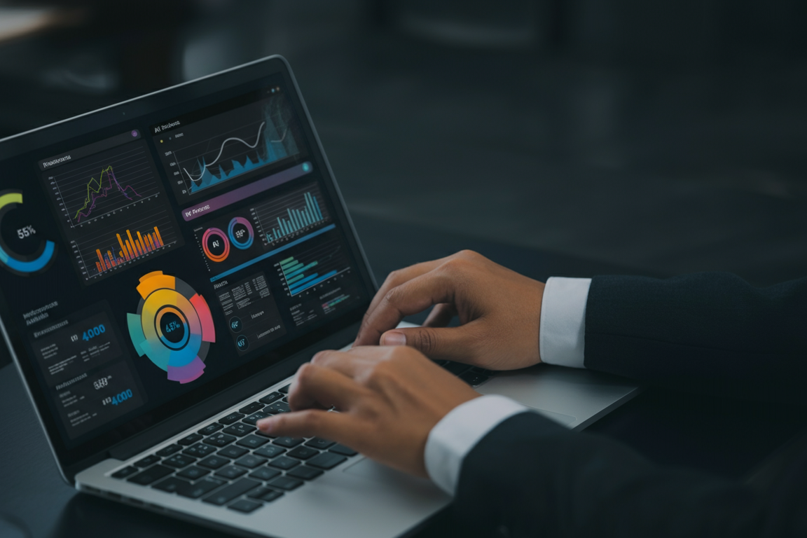 Hände tippen auf einem Laptop mit Dashboard aus Diagrammen und Kennzahlen