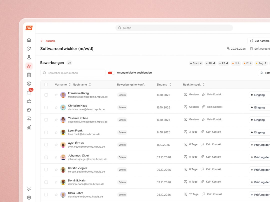 Bewerberliste im Bewerbermanagement von HR Puls mit Herkunft, Eingang, Reaktionszeit und Status je Bewerbung