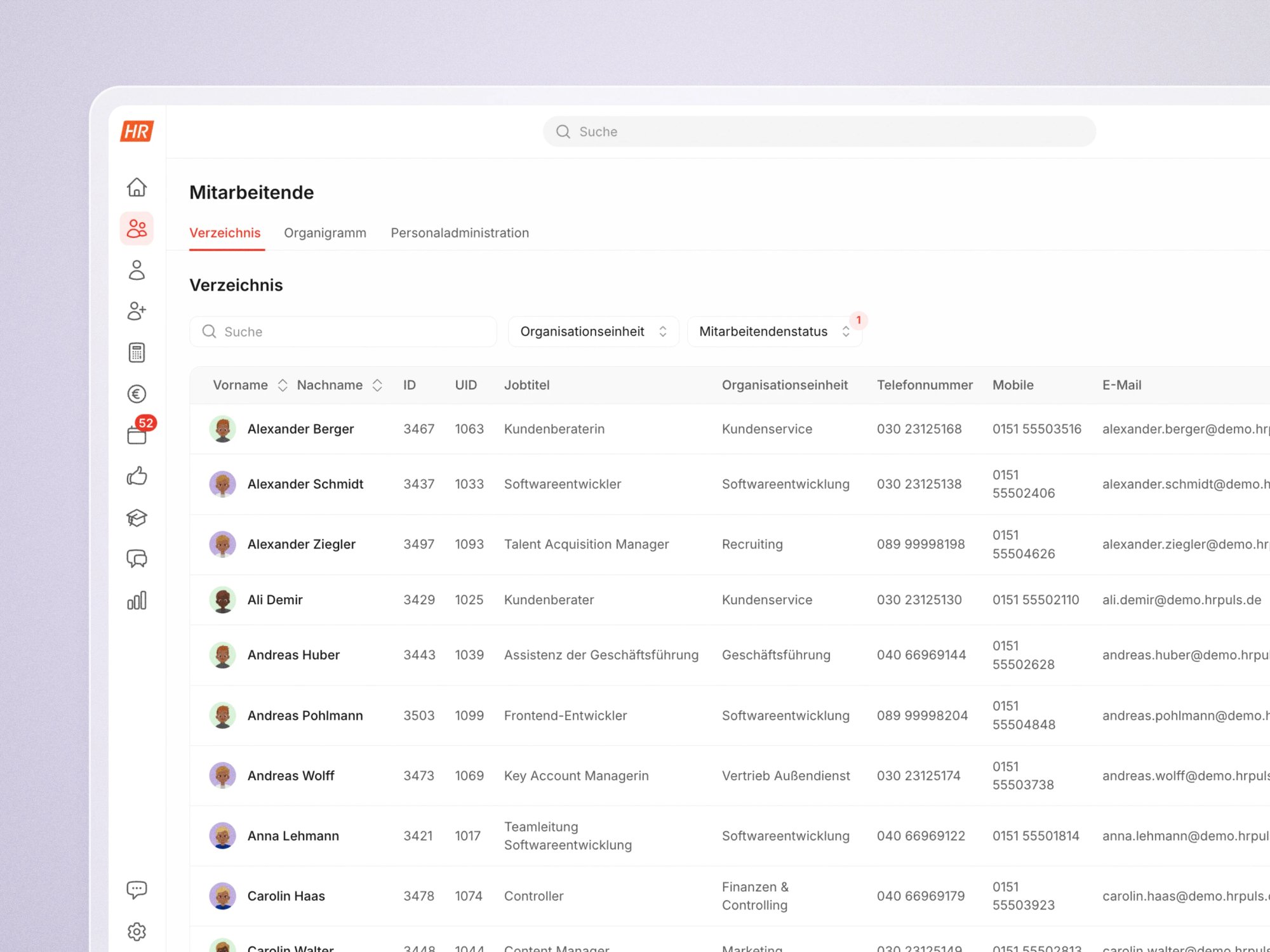 Mitarbeiterverzeichnis in HR Puls mit Jobtitel, Abteilung, Telefonnummer und E-Mail aller Mitarbeitenden