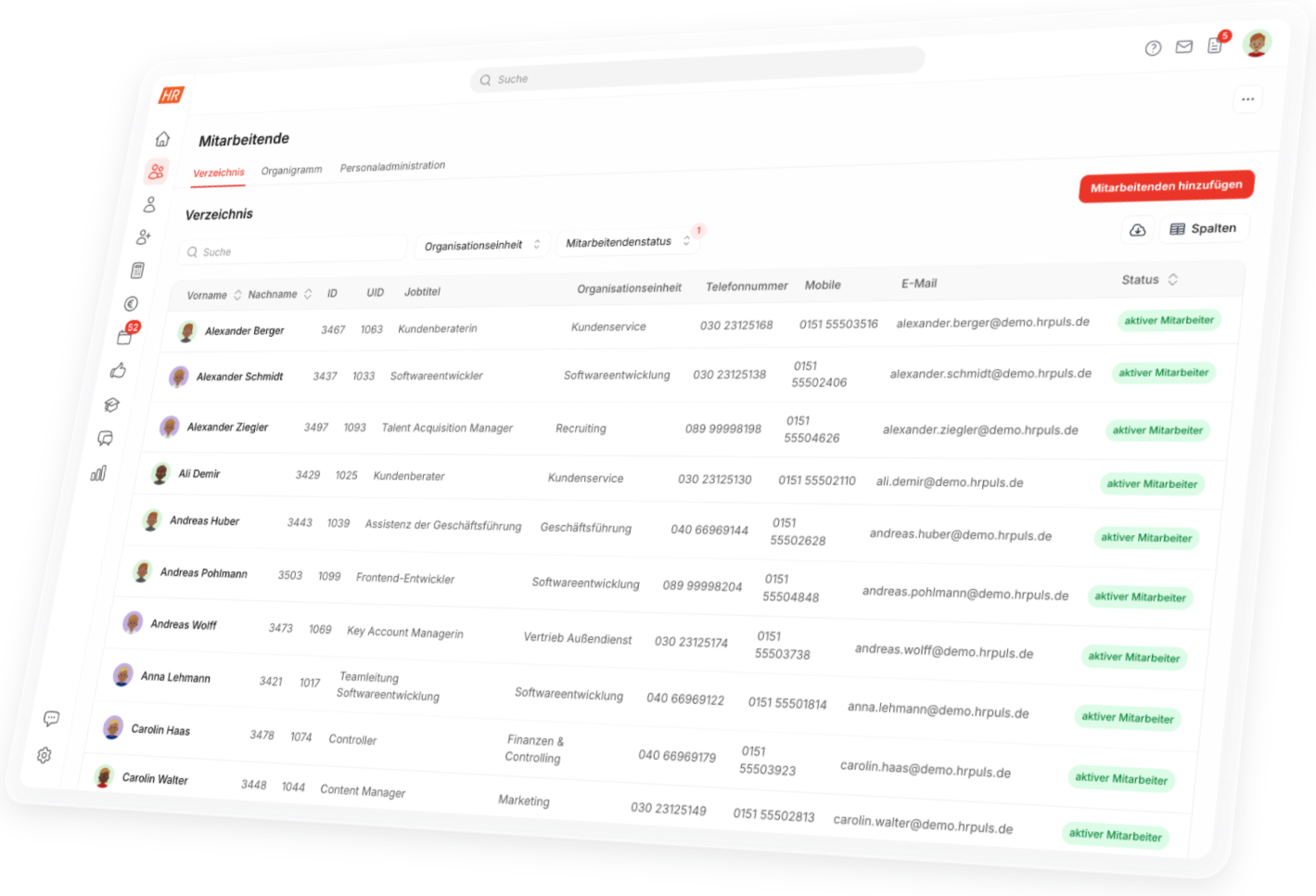 Grundfunktionen der HR Software HR Puls: Mitarbeiterverzeichnis mit Suche, Filtern und Kontaktdaten aller Beschäftigten