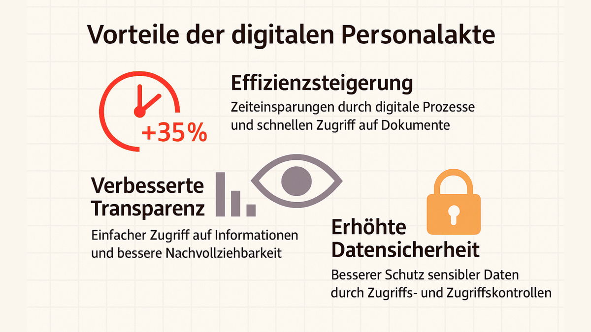 Die Infografik mit dem Titel „Vorteile der digitalen Personalakte“ stellt die wichtigsten Vorteile digitaler Personalakten für Unternehmen übersichtlich dar. Im Mittelpunkt steht die Effizienzsteigerung: Durch digitale Prozesse und den schnellen Zugriff auf Dokumente lassen sich Zeitersparnisse von bis zu 35 % erzielen. Ein weiterer Vorteil ist die verbesserte Transparenz, da Informationen leichter zugänglich sind und die Nachvollziehbarkeit von Vorgängen verbessert wird. Zudem sorgt die digitale Personalakte für erhöhte Datensicherheit, indem sensible Daten besser geschützt werden und Zugriffs- sowie Zugriffskontrollen möglich sind. Die Gestaltung der Grafik ist klar strukturiert, mit passenden Symbolen für Zeitersparnis, Transparenz und Sicherheit, die die jeweiligen Vorteile visuell unterstreichen.