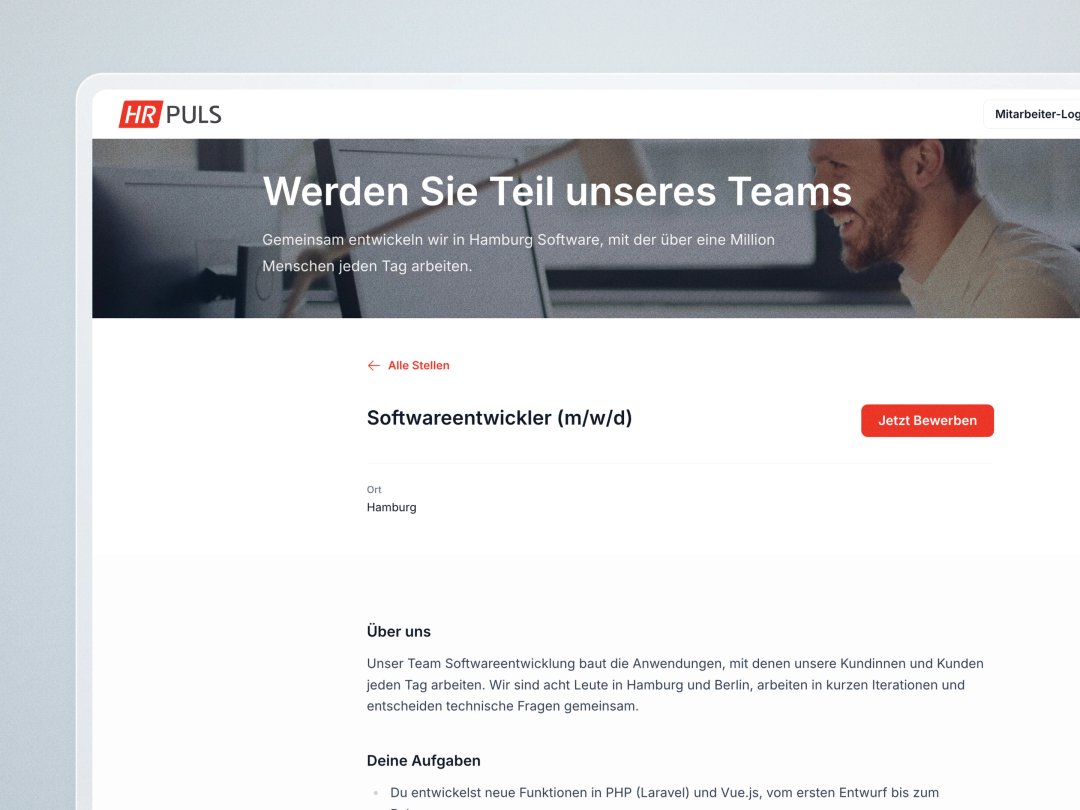 Stellenanzeige auf der Karriereseite von HR Puls mit Aufgaben, Standort und Button zum Bewerben