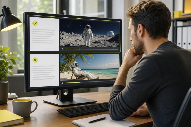 Developer checking prompt alignment and visual fidelity in AI-generated video