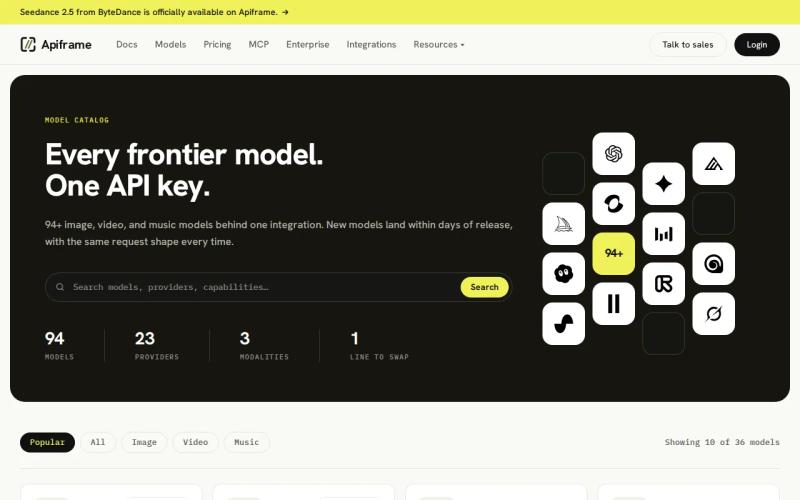 Screenshot of the Apiframe: Unified AI media APIs website