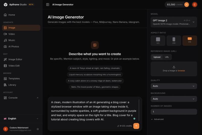 Prompt field in Apiframe Studio containing a blog cover description, with aspect ratio options shown below