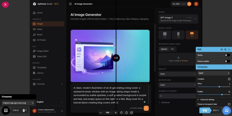 Squoosh web app showing the blog cover image with WebP selected as the output format and the reduced file size displayed