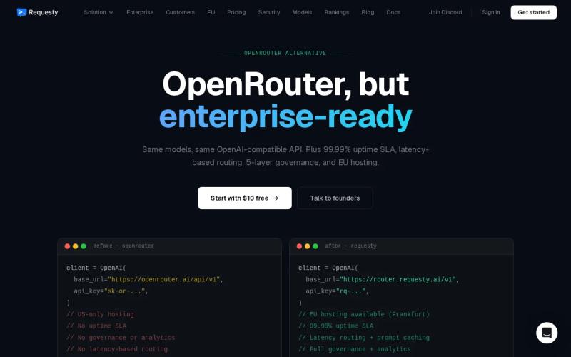 Screenshot of the Requesty: Enterprise controls website