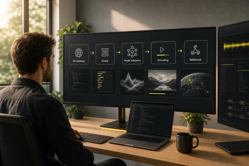 AI media API request flow from queue to generation and webhook delivery