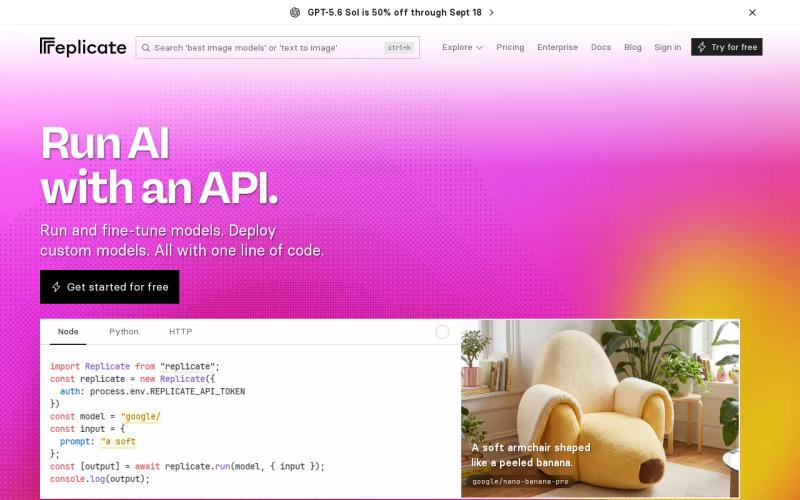 Screenshot of the Replicate: simple model execution for short clips website
