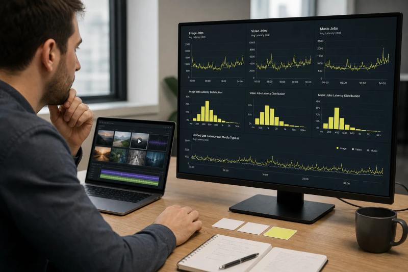 Unified media API latency benchmark dashboard for image video and music jobs