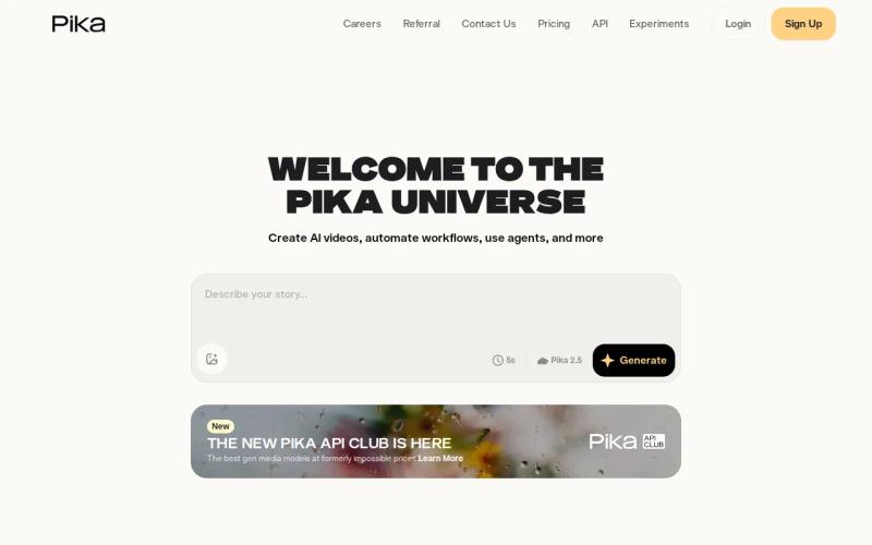Pika API: visual reference for 2. Pika API, Direct access to Pika's generative media models