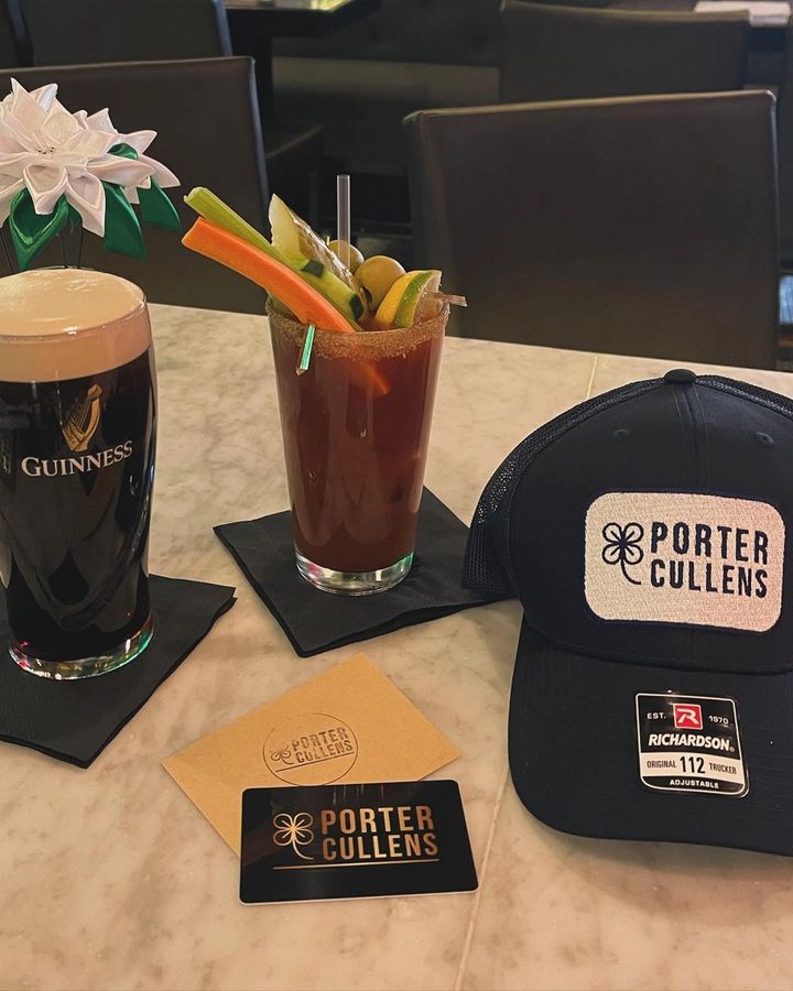 Guinness and a bloody mary with a Porter Cullens cap