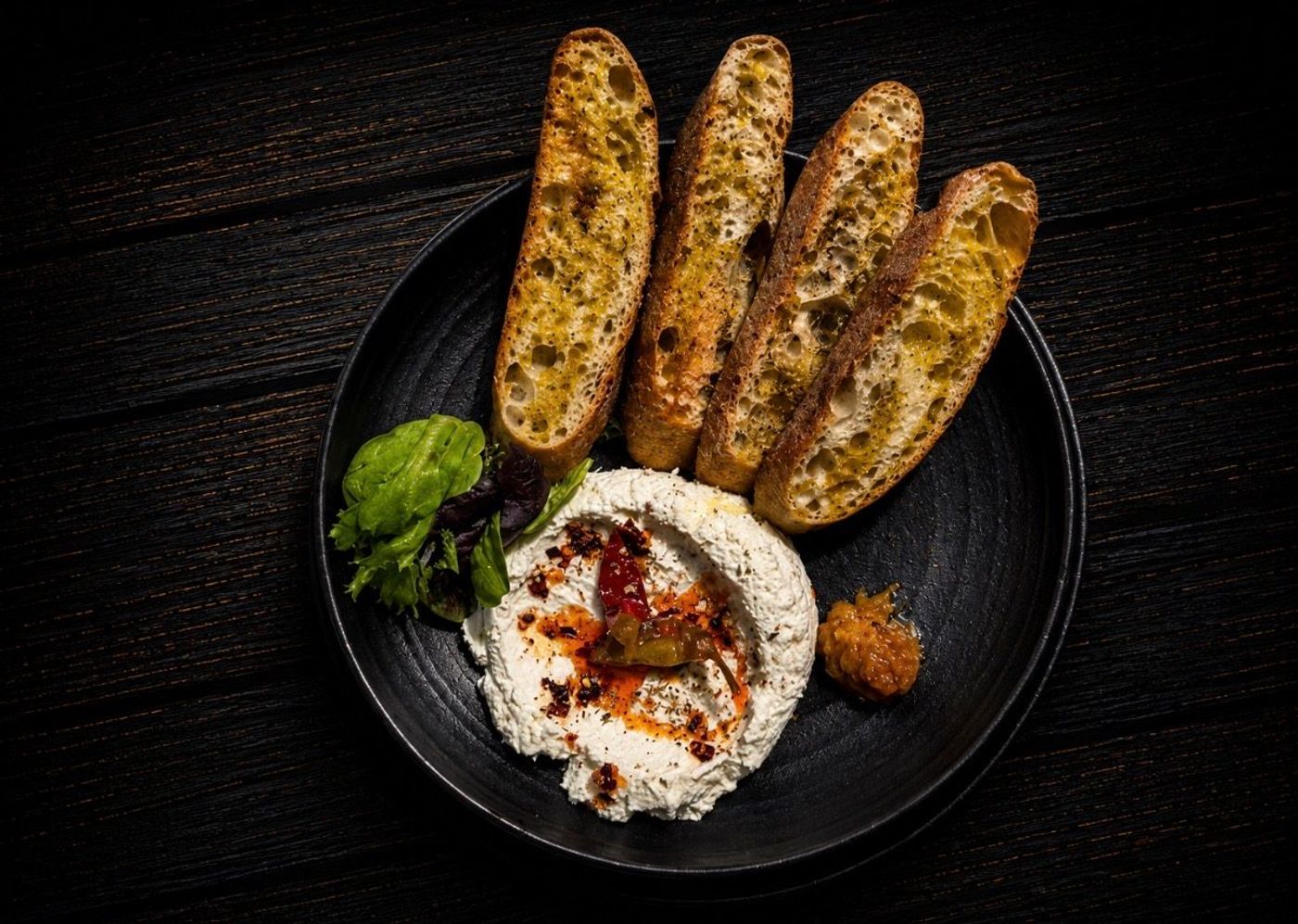 Whipped panela queso with toasted baguette