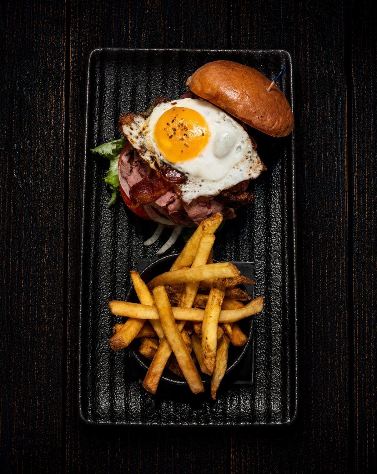 Cullens Cure burger with corned beef and fried egg