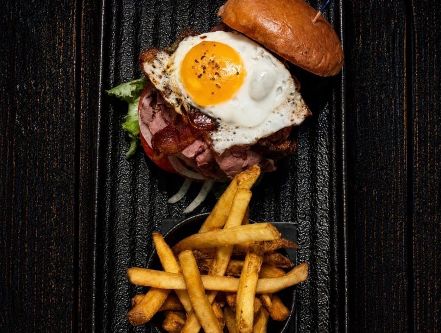Cullens Cure burger with corned beef and fried egg
