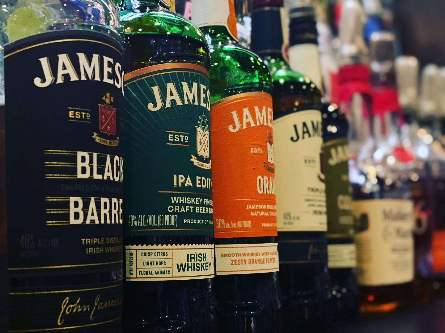 Row of Irish whiskey bottles behind the bar