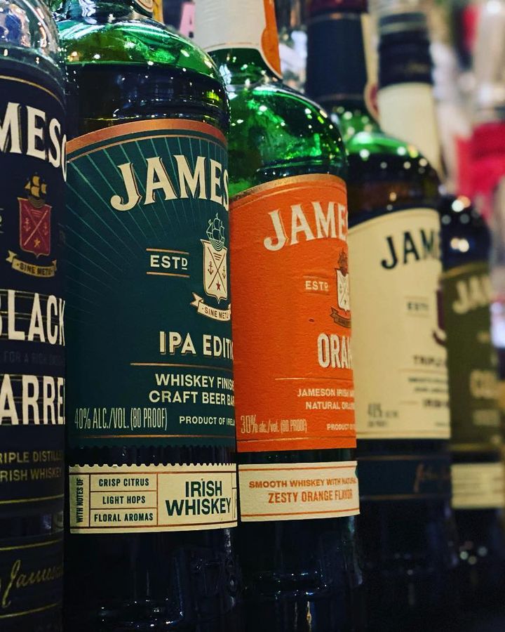 Row of Irish whiskey bottles behind the bar