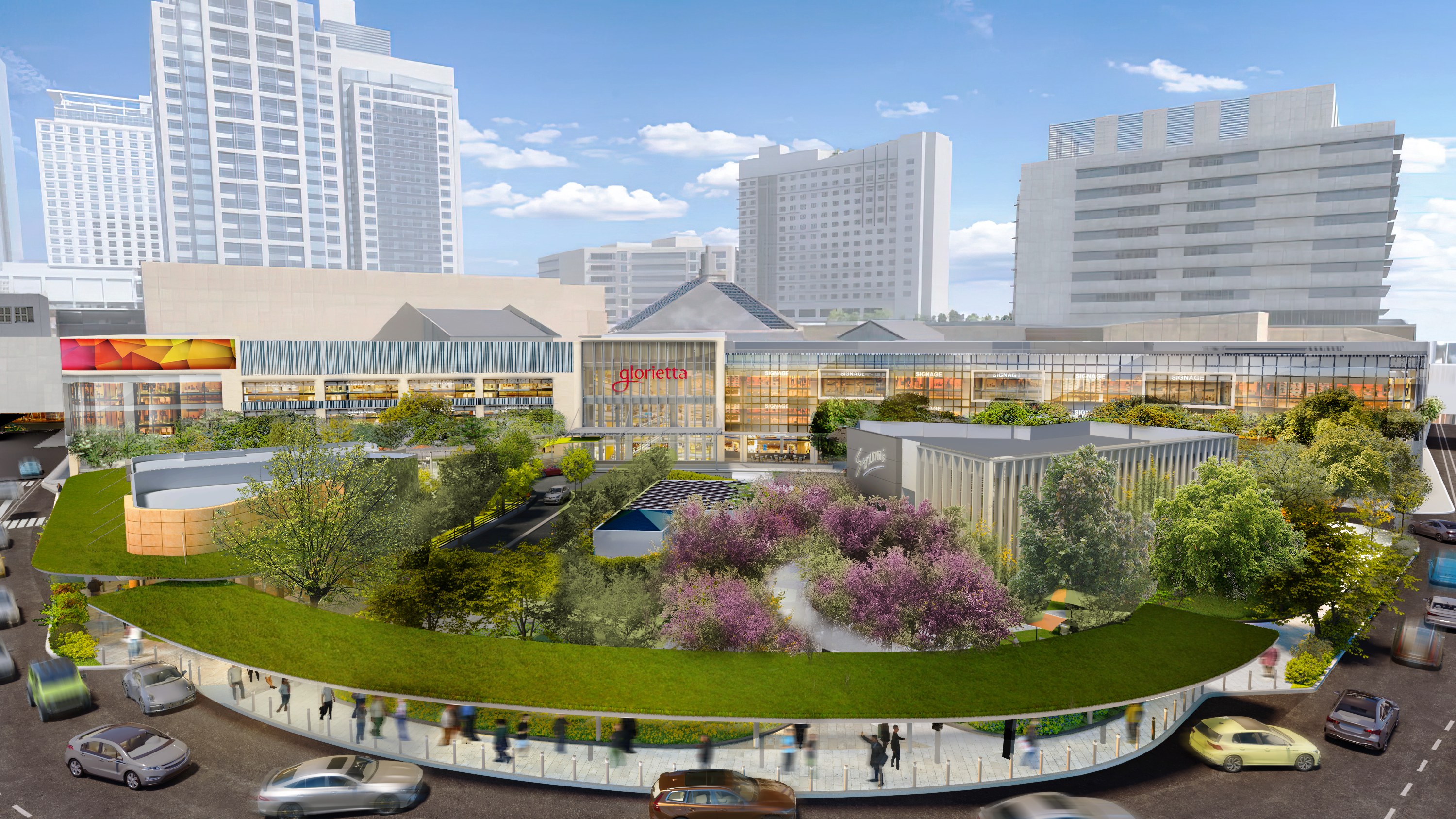 A modern urban development with landscaped walkways, people walking and gathering, surrounded by mid-rise office buildings and a skybridge connecting two structures.