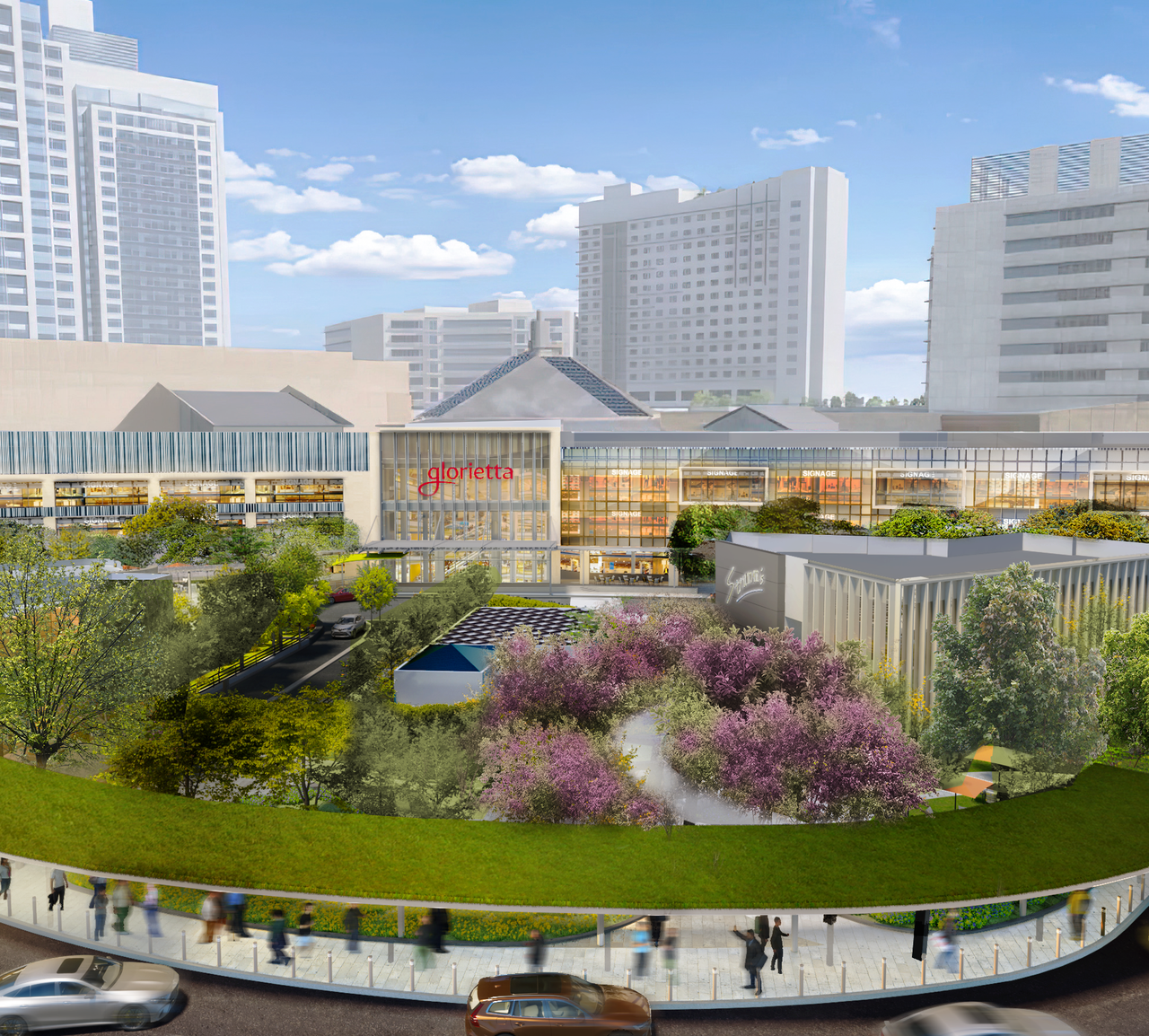 A modern urban development with landscaped walkways, people walking and gathering, surrounded by mid-rise office buildings and a skybridge connecting two structures.