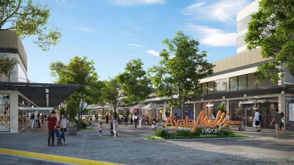 Ayala Malls Evo City, a modern lifestyle destination with retail shops, restaurants, open-air walkways, and family-friendly spaces surrounded by greenery.