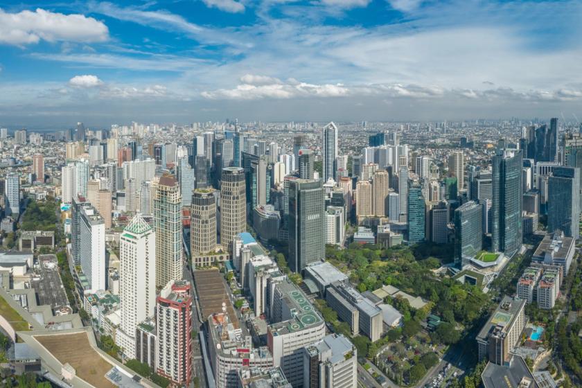 Panoramic shot of a thriving metropolitan business district, showcasing dense architecture and integrated green zones