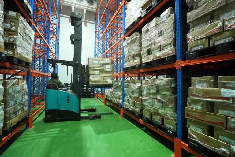 Inside the Artico Cold Chain facility. A forklift operator efficiently storing products on racks in the cold room.