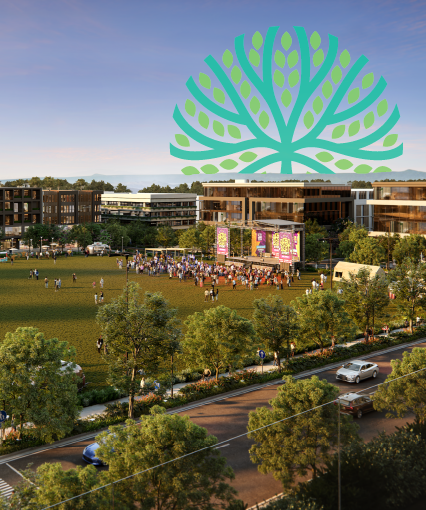 A large open park with people gathered for an event, surrounded by trees and modern buildings, with a green leaf graphic superimposed in the sky.