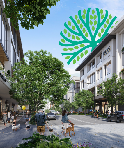 People walk along a tree-lined street with modern buildings and shops, a couple with a dog in the foreground, and a large green leaf graphic in the sky.