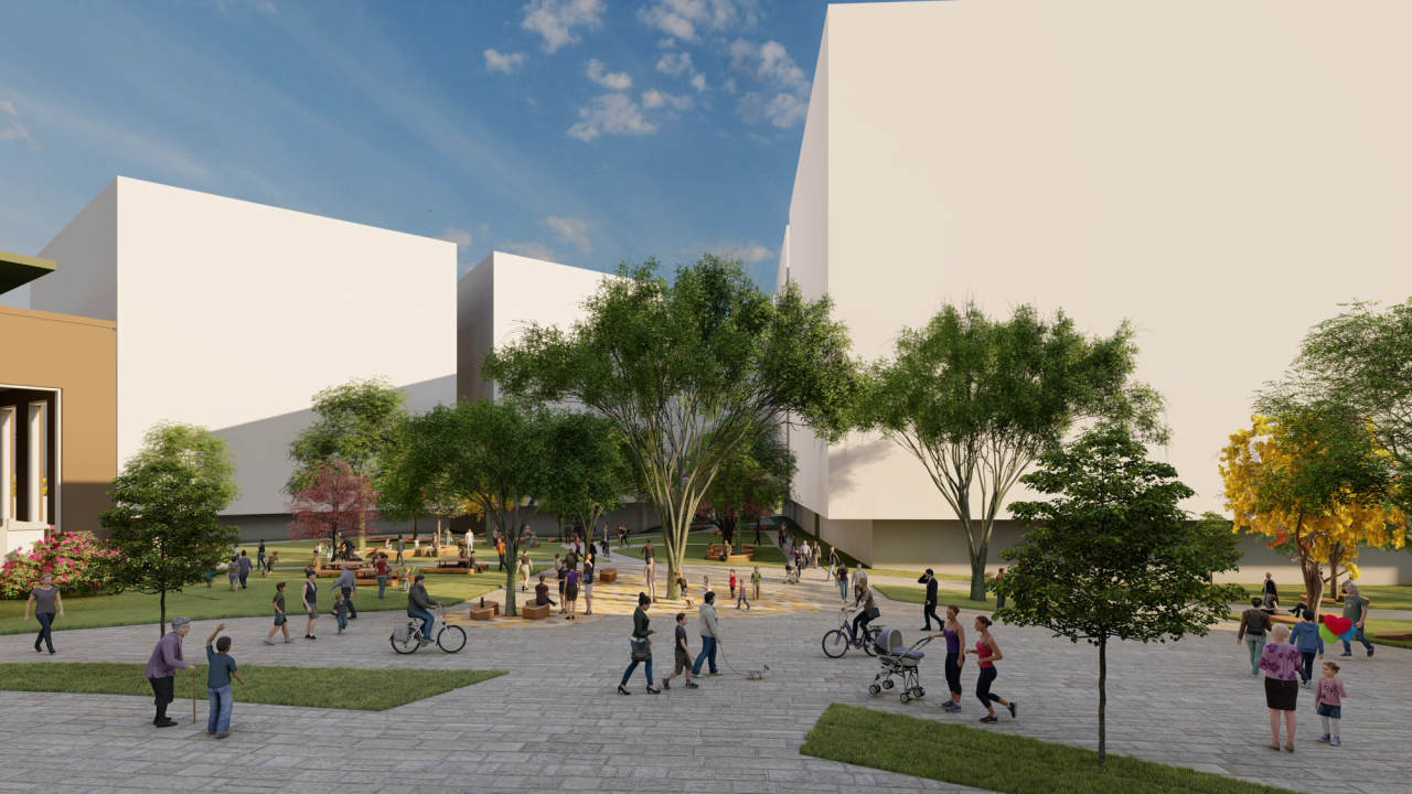 Rendered image of a vibrant urban plaza with people walking, cycling, jogging, and gathering under scattered trees. The plaza is surrounded by large, minimalistic buildings with blank facades. The open space includes benches, green areas, and a tiled pathway, creating a welcoming and family-friendly environment.