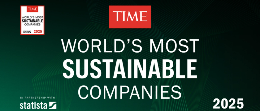 TIME magazine's banner for the 2025 World's Most Sustainable Companies, created in partnership with Statista. The design features bold white text on a dark green background with subtle graphic lines, emphasizing environmental responsibility and corporate sustainability.