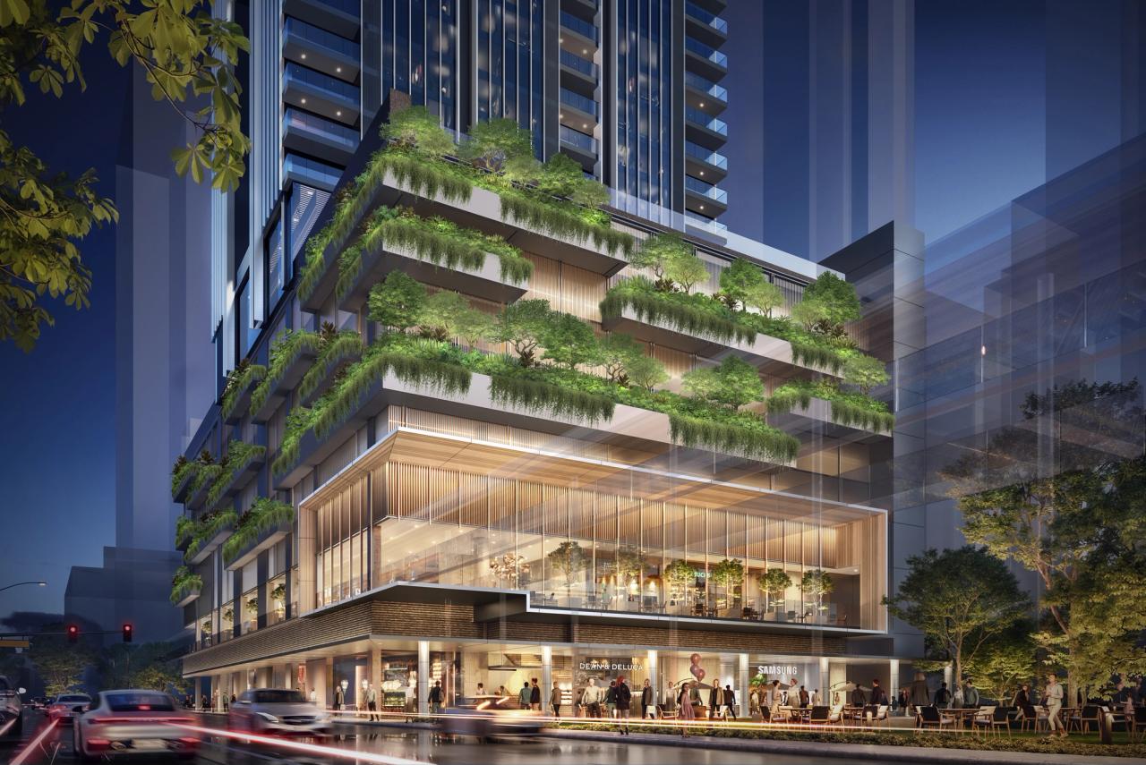 Laurean Residences by Ayala Land Premier in Makati CBD, featuring a sustainable podium design with lush greenery, retail spaces, and luxury residential amenities.