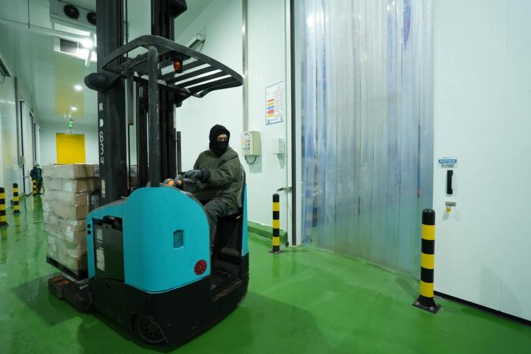 Inside the Artico Cold Chain facility. A forklift operator working efficiently in a temperature-controlled environment.