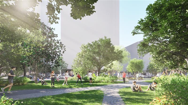 People relax and exercise in a green city park surrounded by trees and walking paths. Some are sitting on the grass, while others walk, jog, or play. Tall modern buildings rise in the background, and sunlight streams through the trees, creating a fresh, open atmosphere.