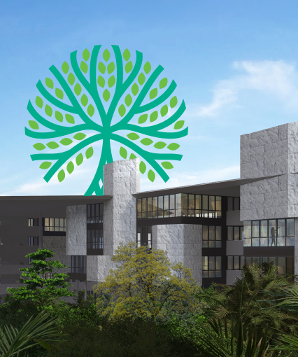 A modern stone building surrounded by greenery, with a large stylized green leaf graphic superimposed in the sky above the structure.