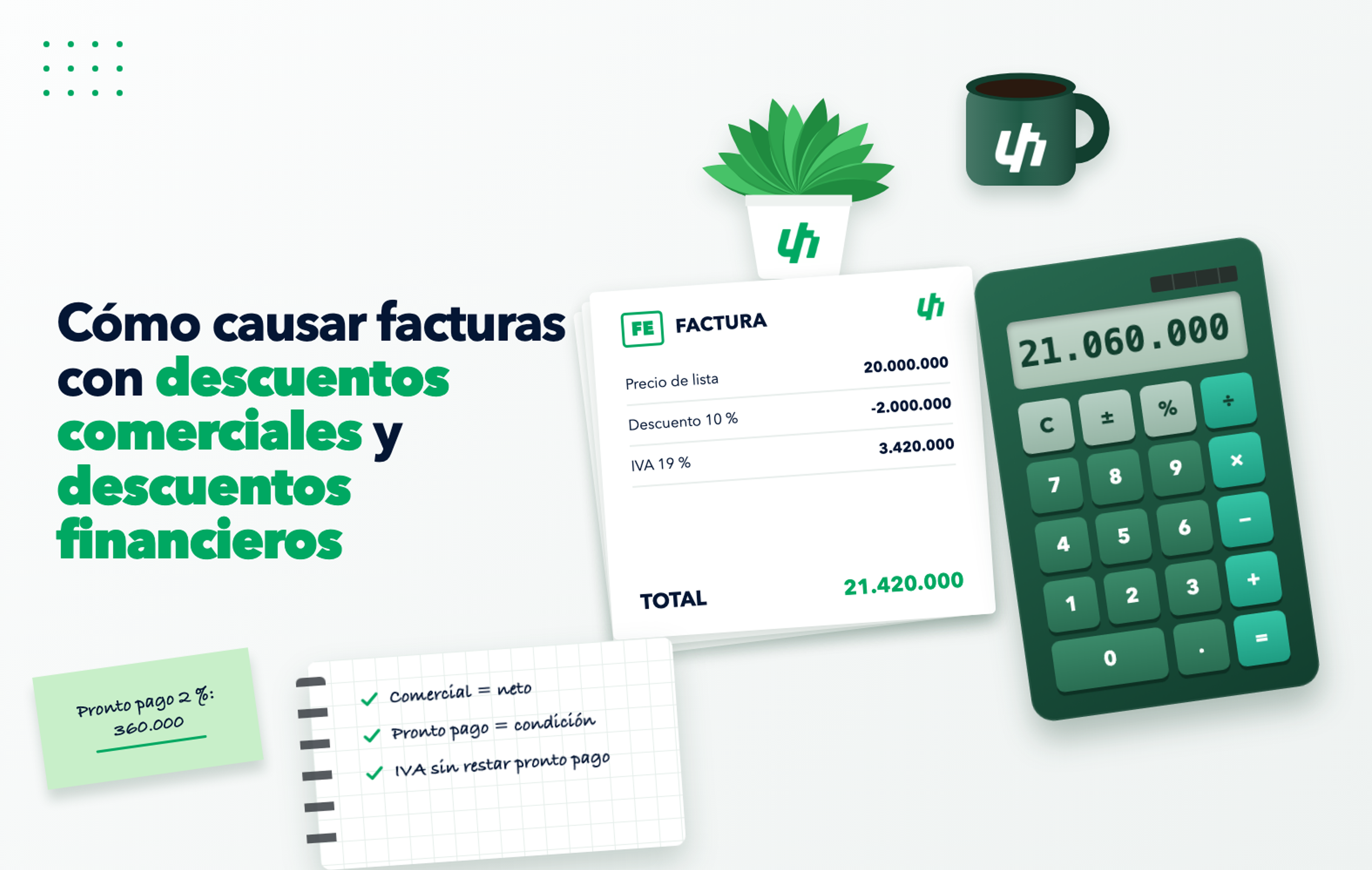 Factura con descuento comercial del 10 % y descuento por pronto pago del 2 %, con IVA del 19 %