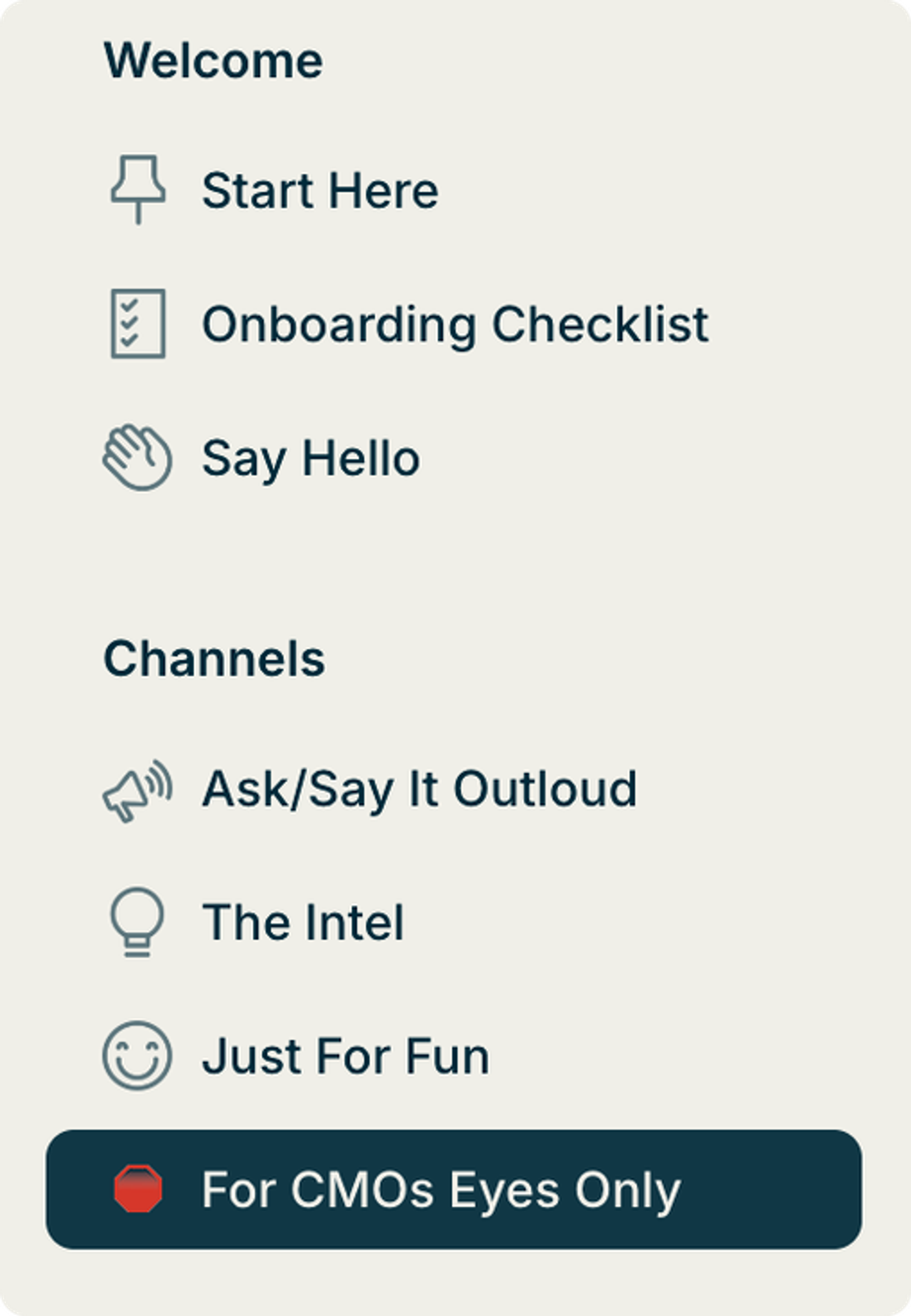 Cream-and-navy community navigation sidebar with Welcome and Channels sections; the 'For CMOs Eyes Only' channel is selected and marked with a red stop-sign icon.