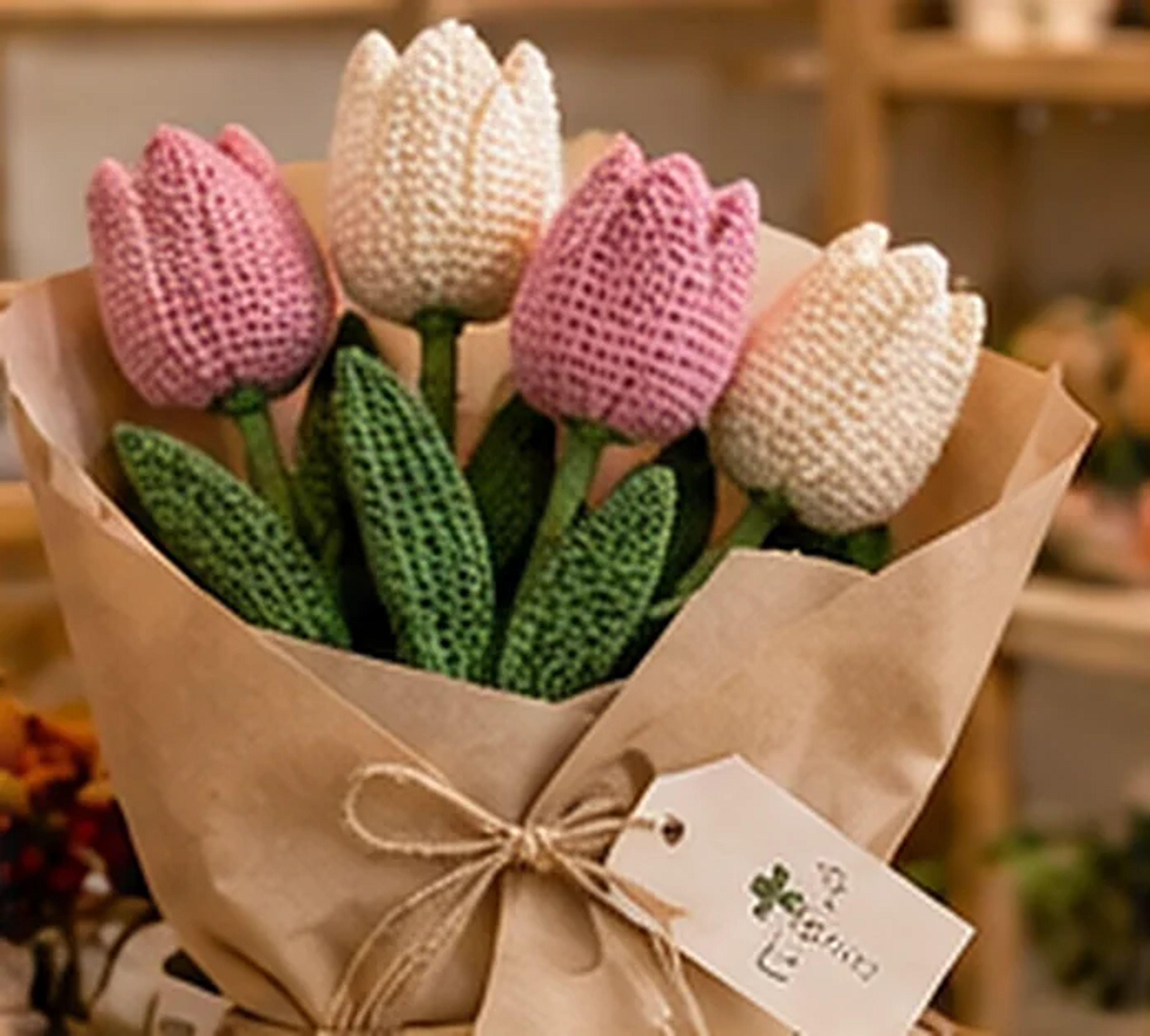 Crochet tulips wrapped in kraft paper