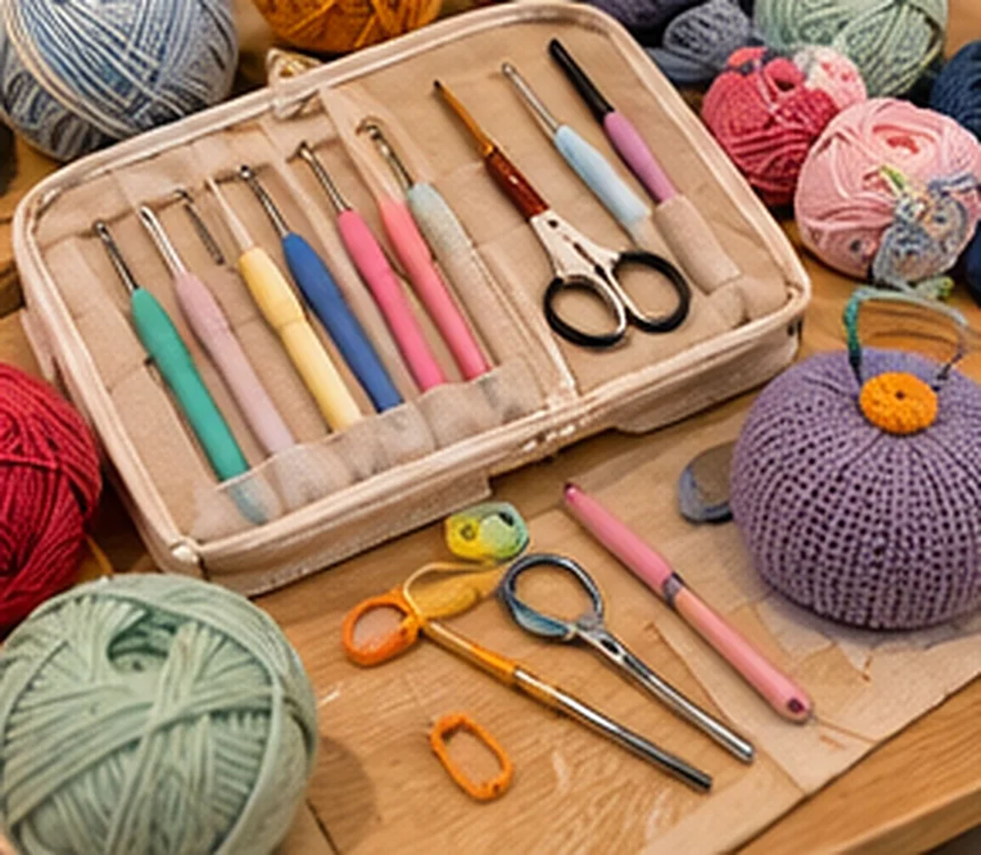 Crochet hooks and tools in a zip case