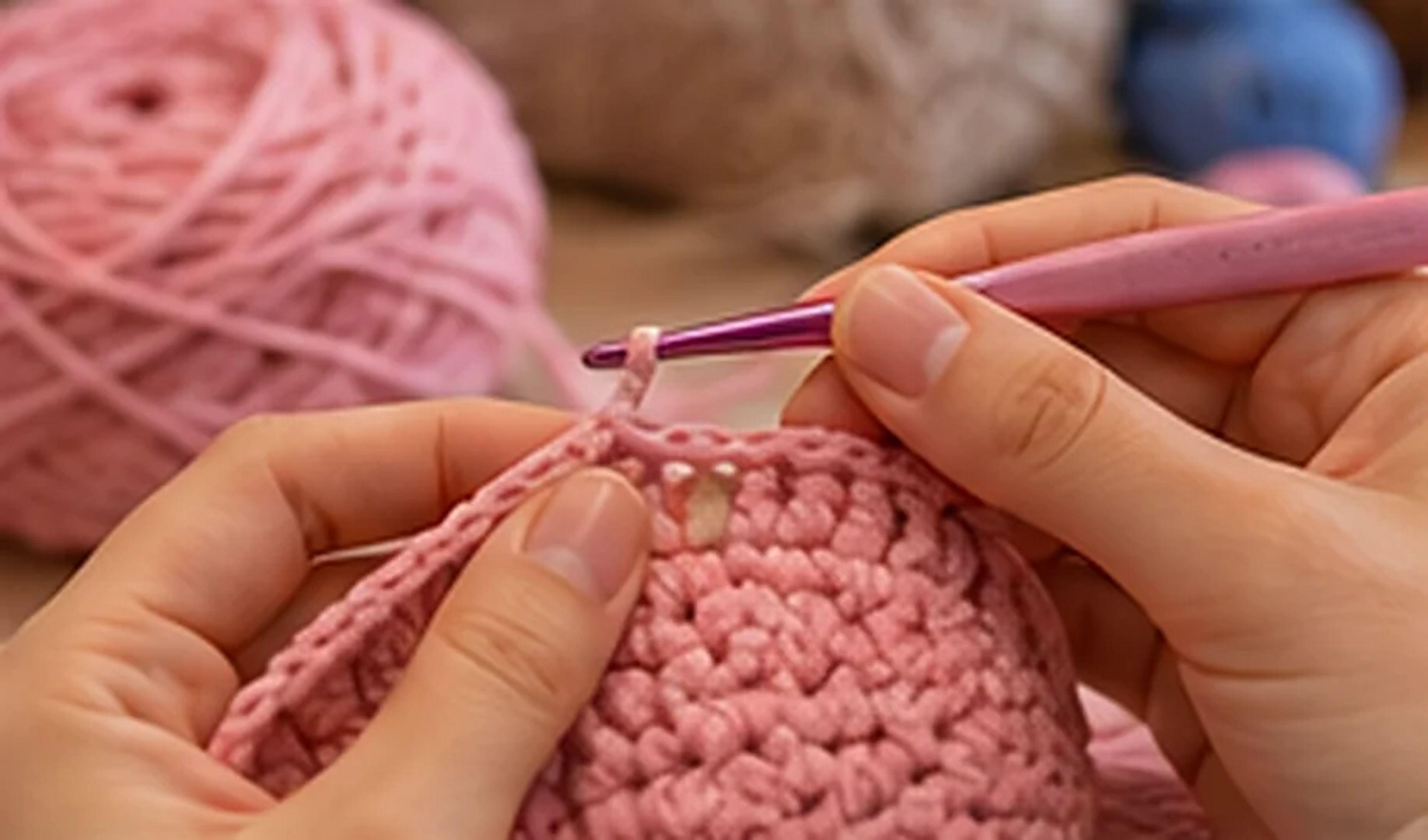 Hands crocheting a pink piece with a matching hook