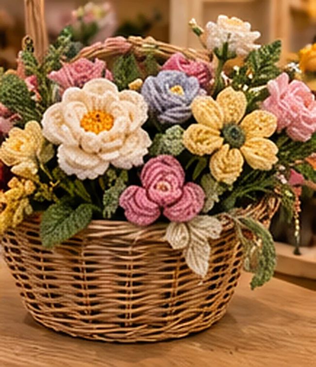 Basket of crochet flowers