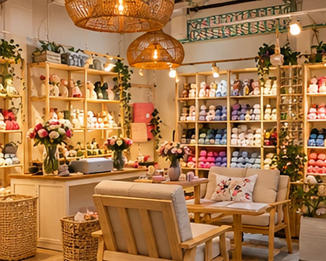 Craft store seating corner surrounded by shelves