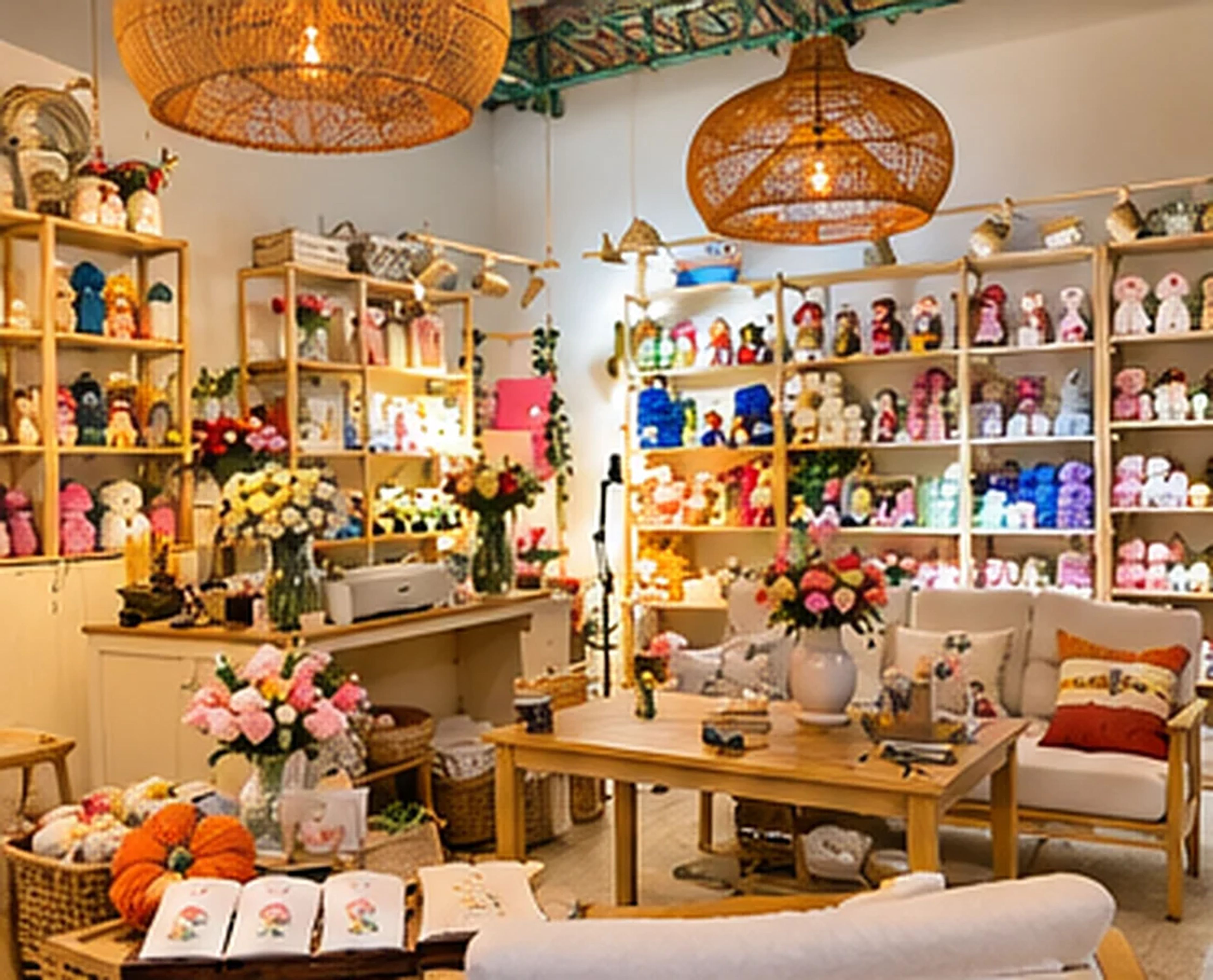 Warm craft store interior with shelves of crochet pieces and yarn