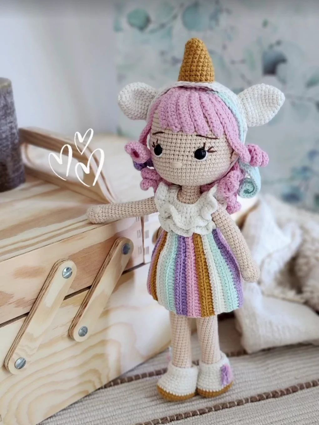Unicorn Hood Doll in a Rainbow Dress
