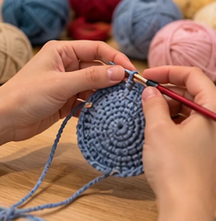 Hands working a round of blue crochet with a hook