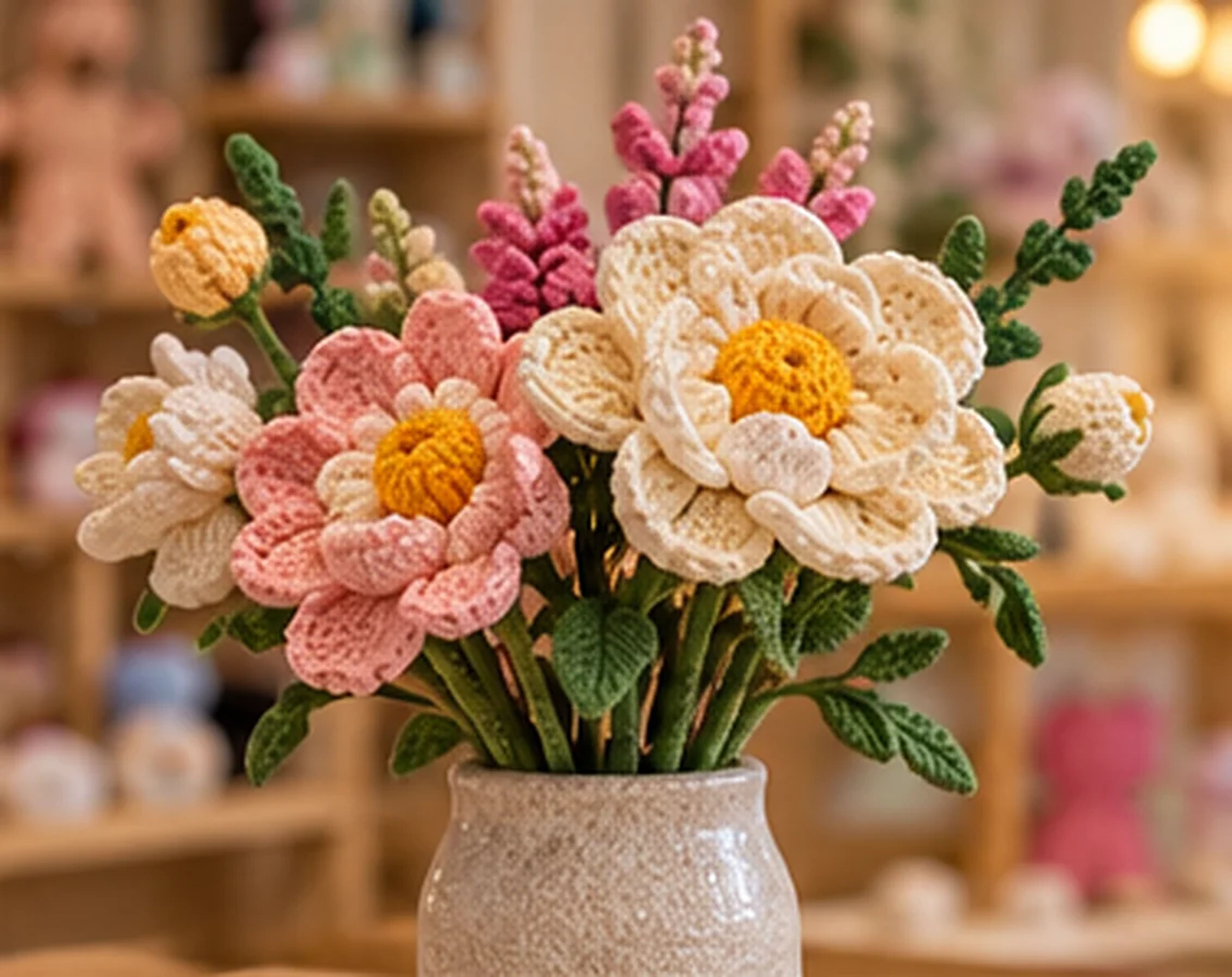 Crochet peony arrangement in a ceramic vase