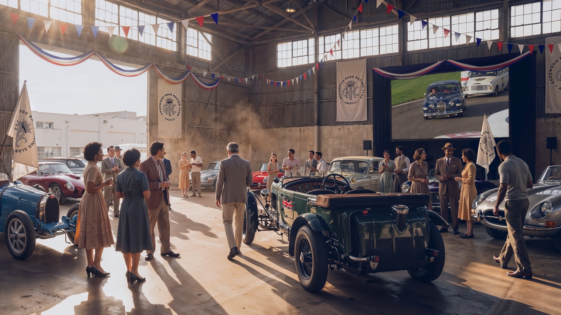 Guests mingling among vintage cars at an indoor Goodwood Road Racing Club America gathering.