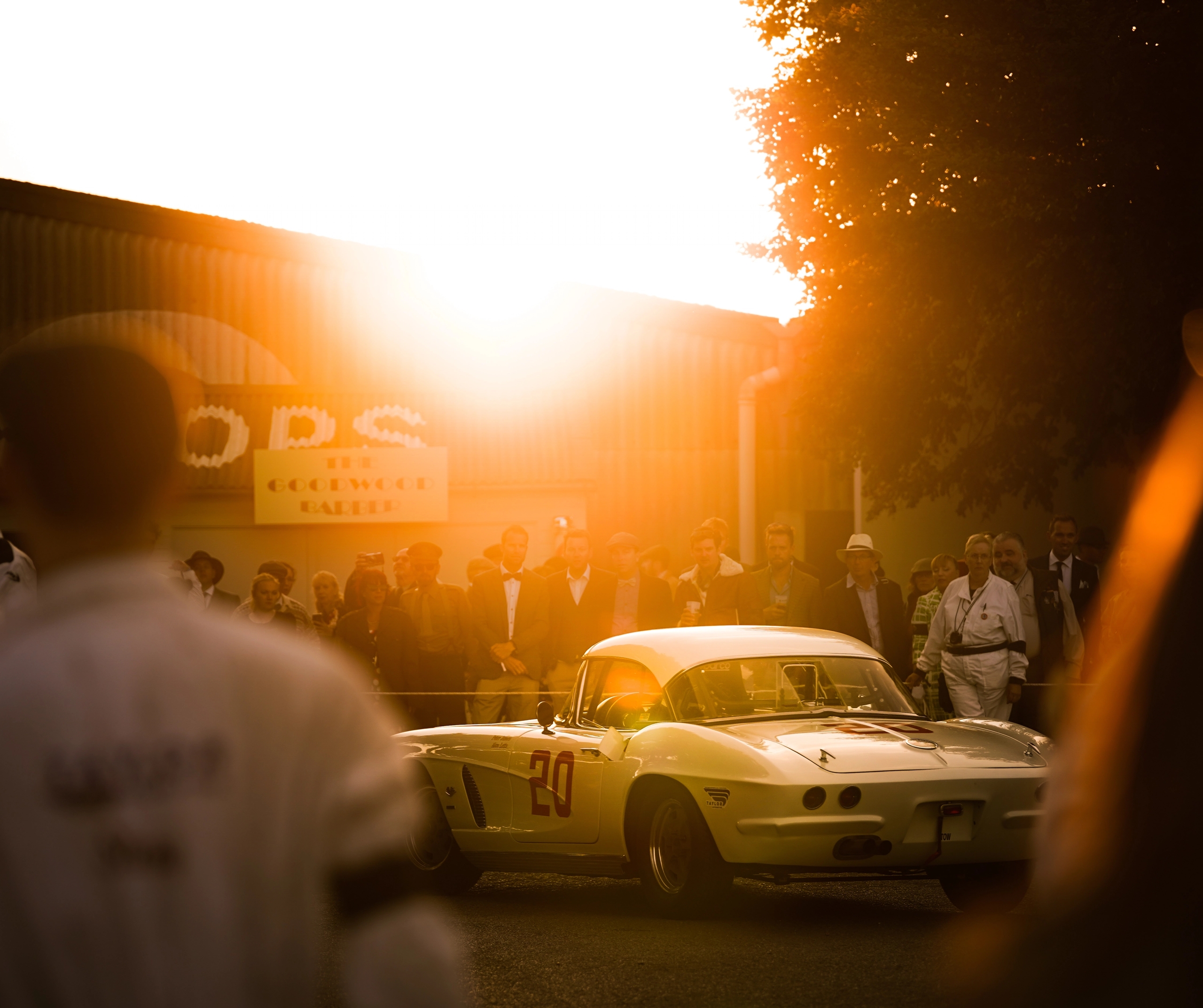 Vintage sports cars on a race track, with spectators, stands, and green hills in the background.